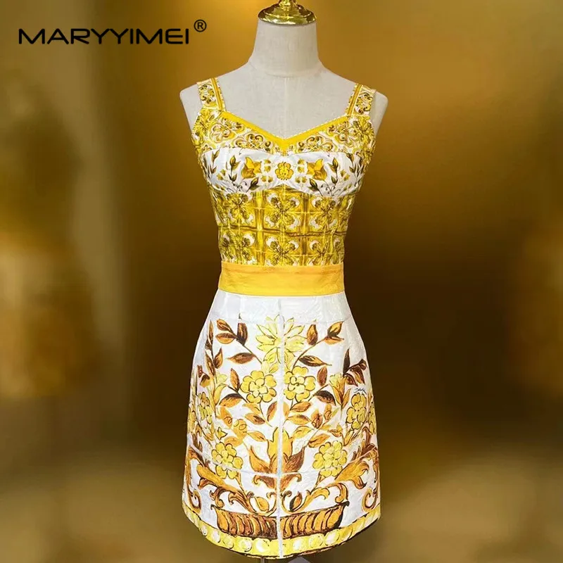 MARYYIMEI Spring Summer Women\'s Suit Cotton Short-Sleeved Folds Tops+Cotton Baroque Print Half Skirt Two Piece Set