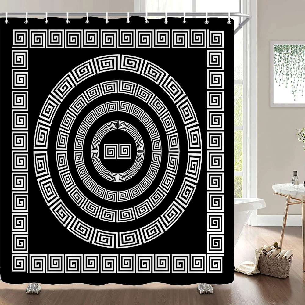 Greek style Black White Pattern Shower Curtains Bathroom Curtain Frabic Waterproof Polyester Bath Curtain Home Decor with Hooks