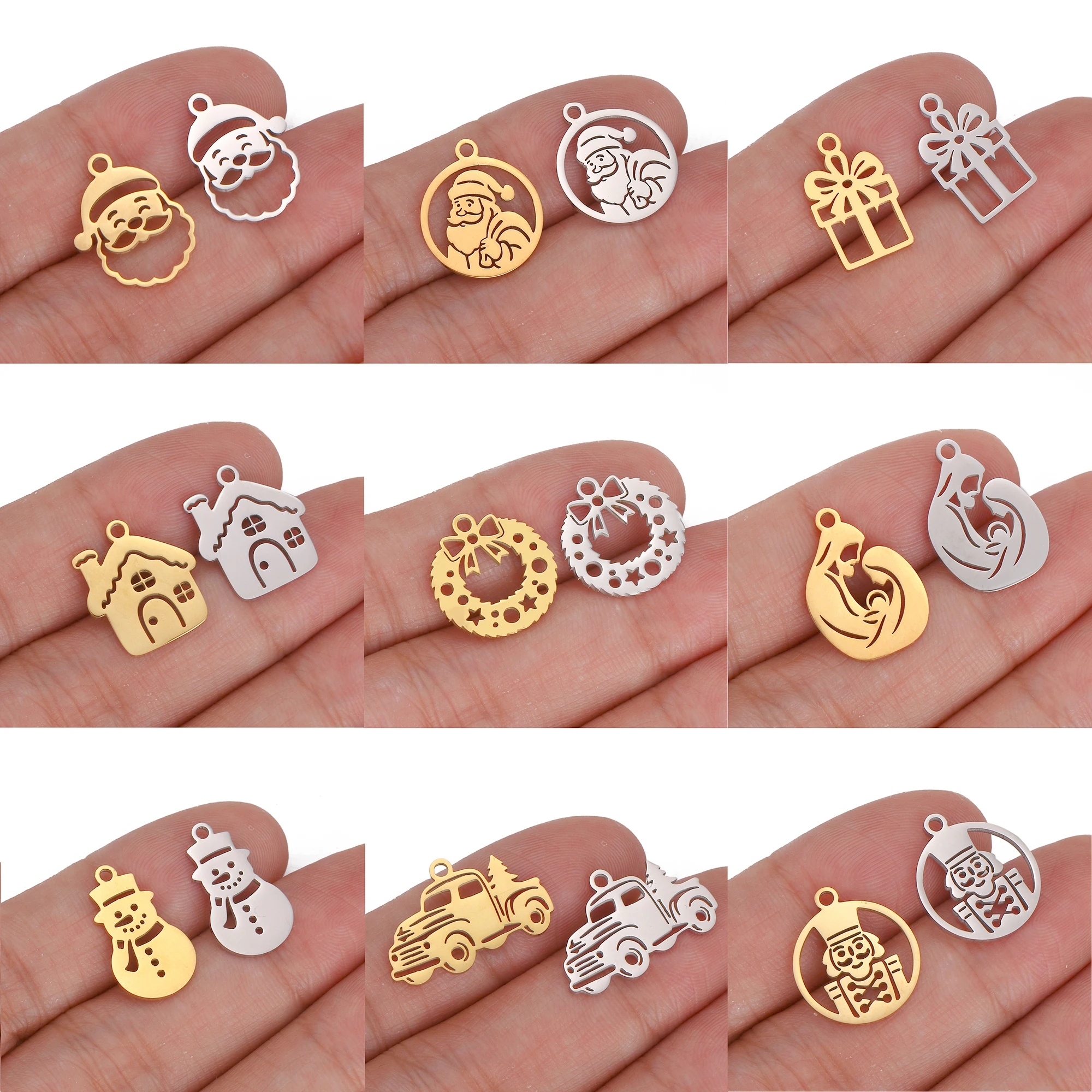 5Pcs Snow House/Flower Wreath/Snowman Charms Stainless Steel Christmas Tree/Santa Gift Pendants Bracelet Necklace Jewelry Making