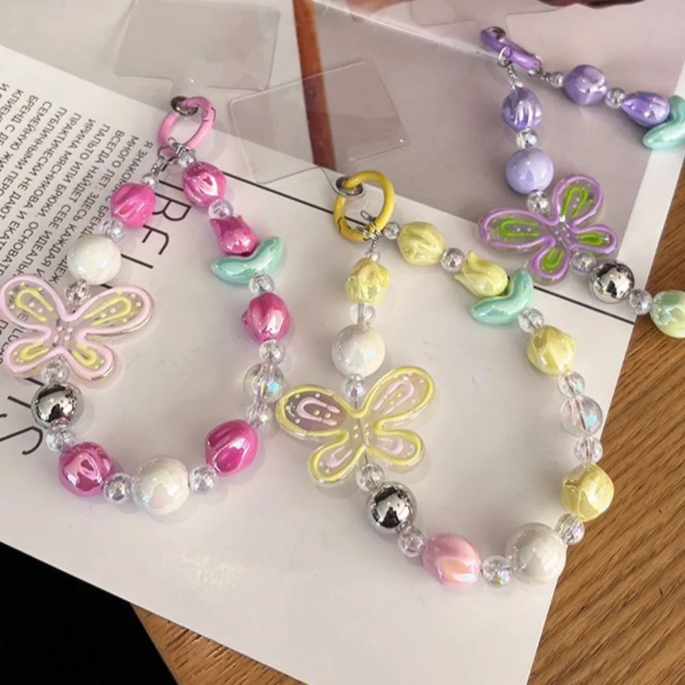 

Mobile Phone Lanyard New INS Short Style Wrist Sweet Fresh Tulip Pendant Graffiti Butterfly Handmade Beaded Painted Pendant