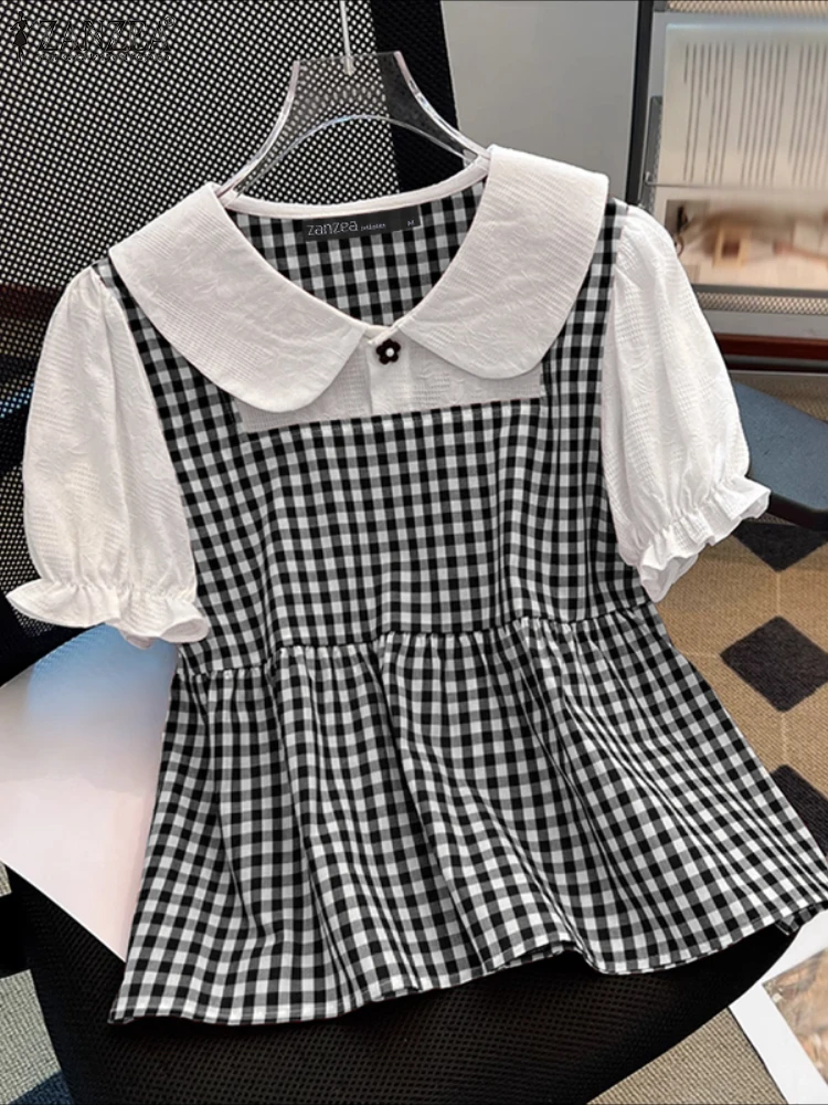 

ZANZEA женские элегантные блузки с пышными рукавами летние рубашки с лацканами и короткими рукавами Blusas повседневные праздничные лоскутные топы туника Femme