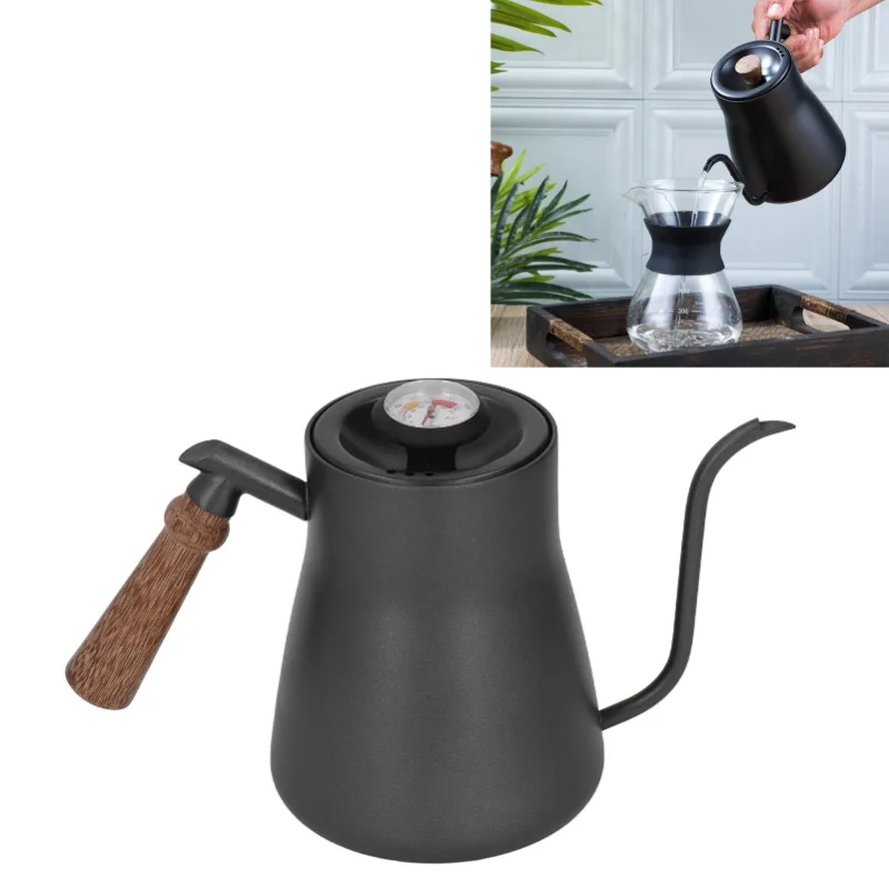 850ml Pour Over Coffee Kettle With Thermometer Stainless Steel Gooseneck Coffee Pot With Wood Handle