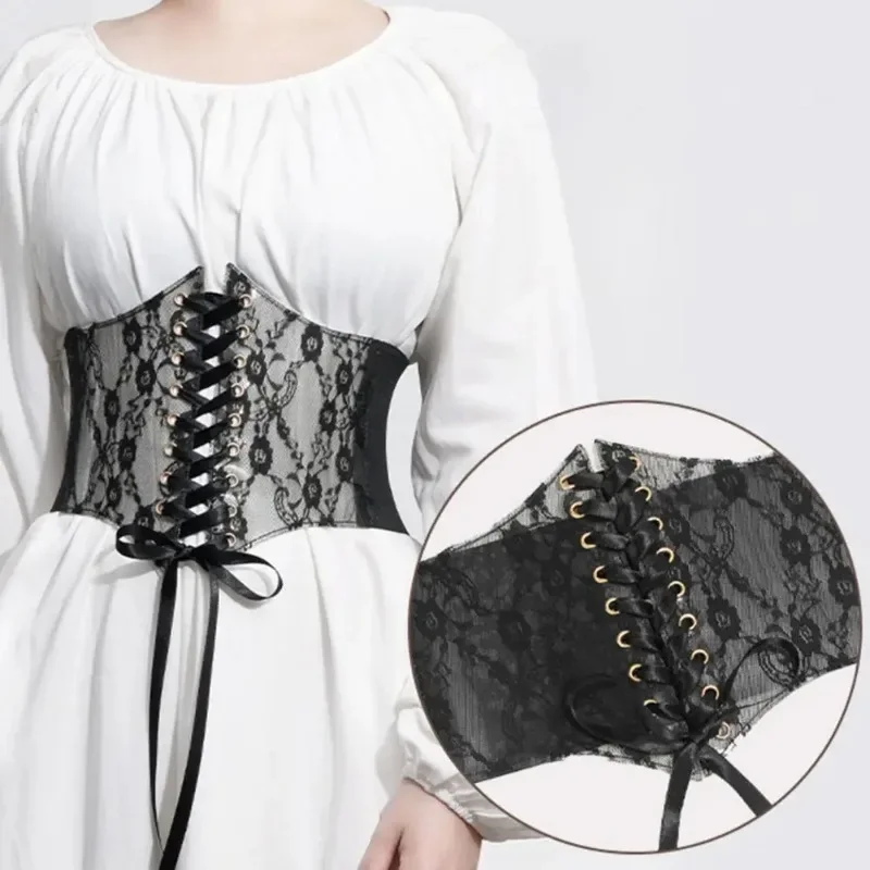 Fashion Women Waist Corset Flower Embroidery Elastic Waistband Black White Red Pink Wide Lace Slimming Body Belts Cummerbunds