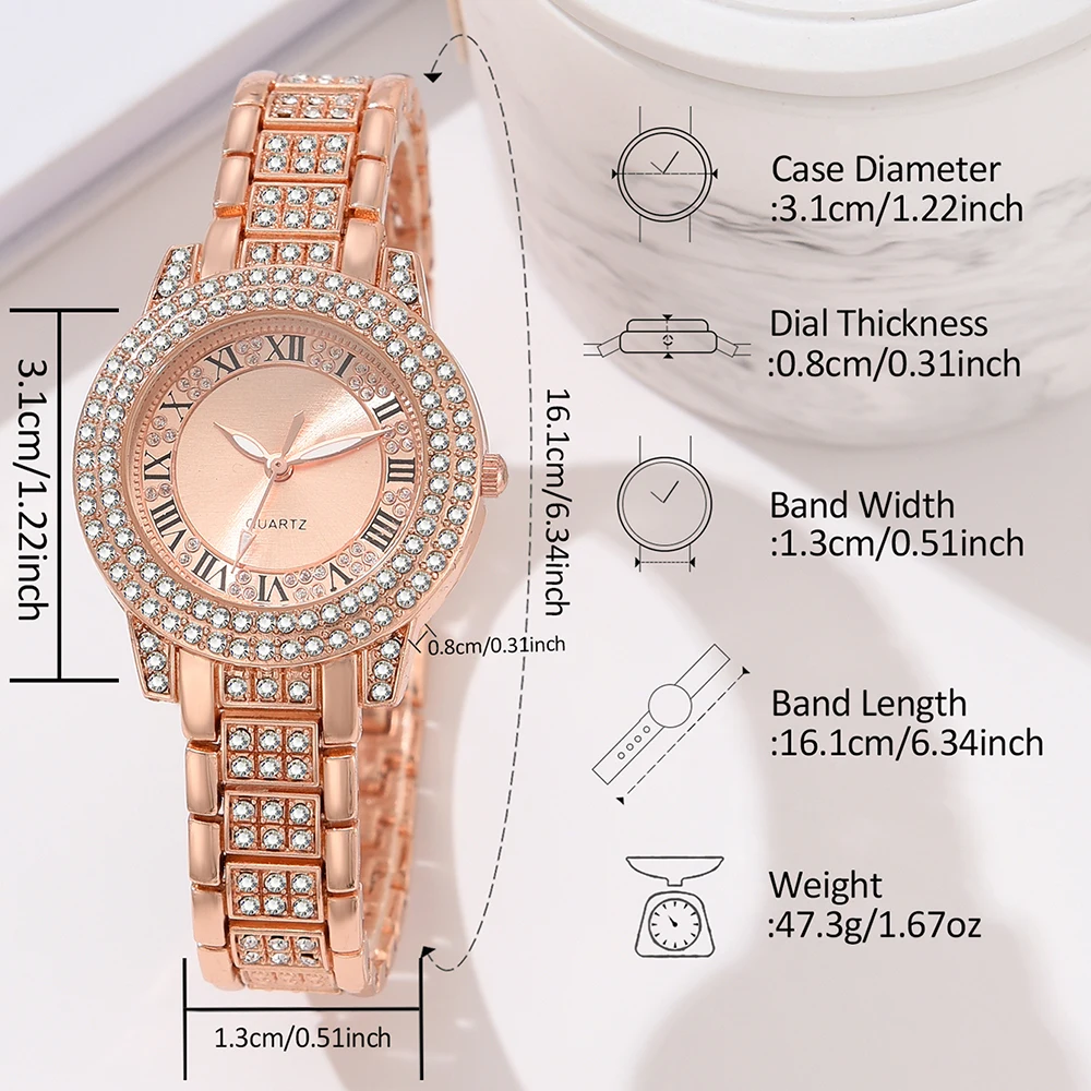 Rose Gold Ladies Quartz Watch 6PCS/Set Fashion Wristwatch Alloy Band Watch Water Droplet Element Jewelry Set Gift For Girls