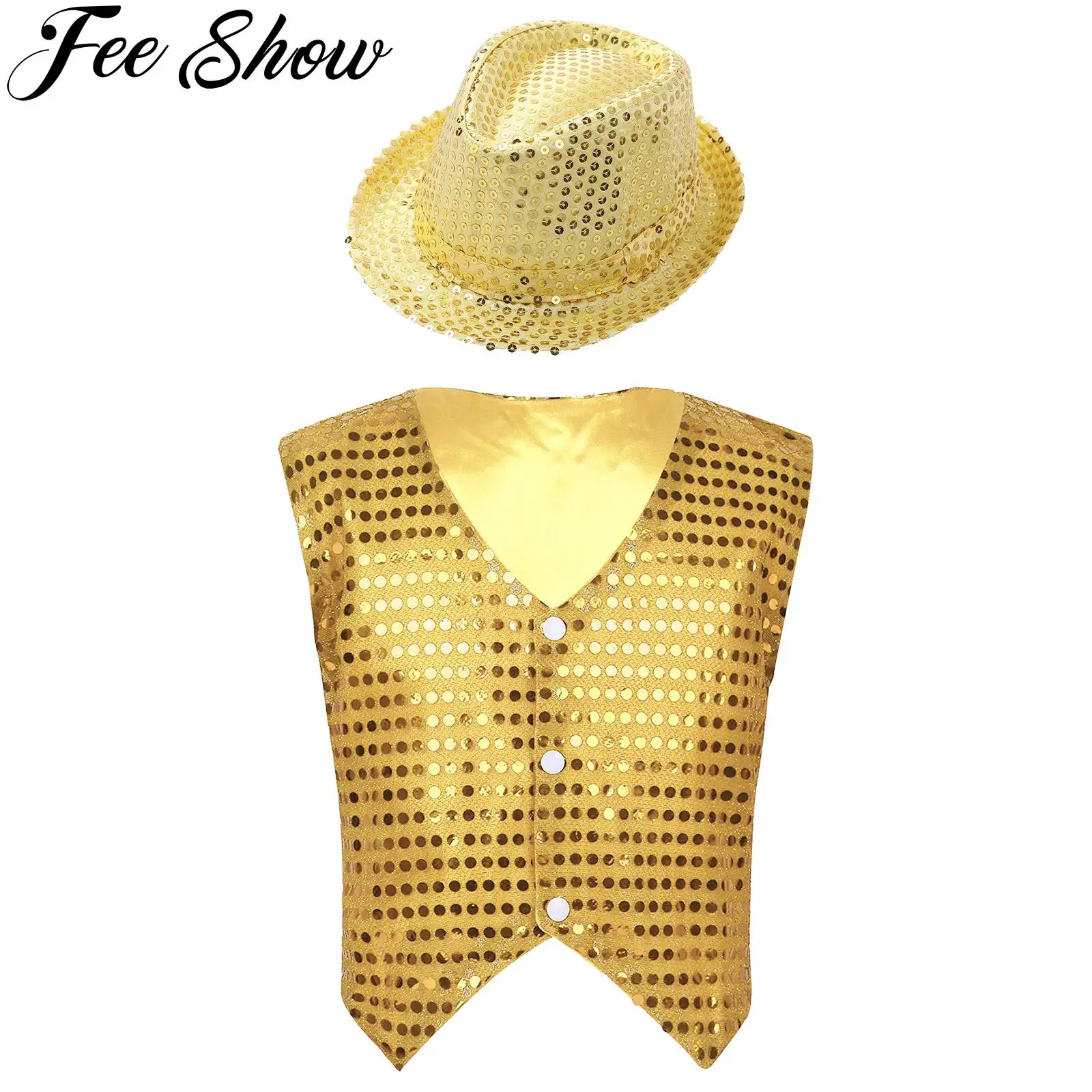 Kids Boys Glittery Sequined Vest Crop Top Waistcoat with Hat Hip-hop Jazz Dance Stage Performance Party Dress Up Choir Costumes