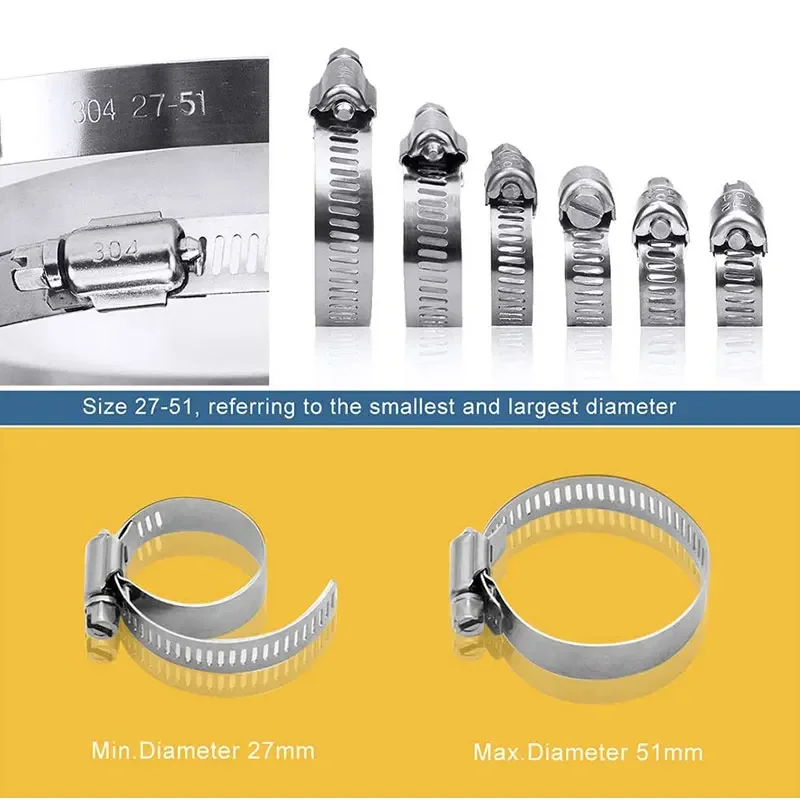 30Pcs Hose Clamps 1/4-2 In 6-51mm Adjustable 304 Stainless Steel Quick Fixing Clamp Assortment Kit for Pipe Car Washing Machine