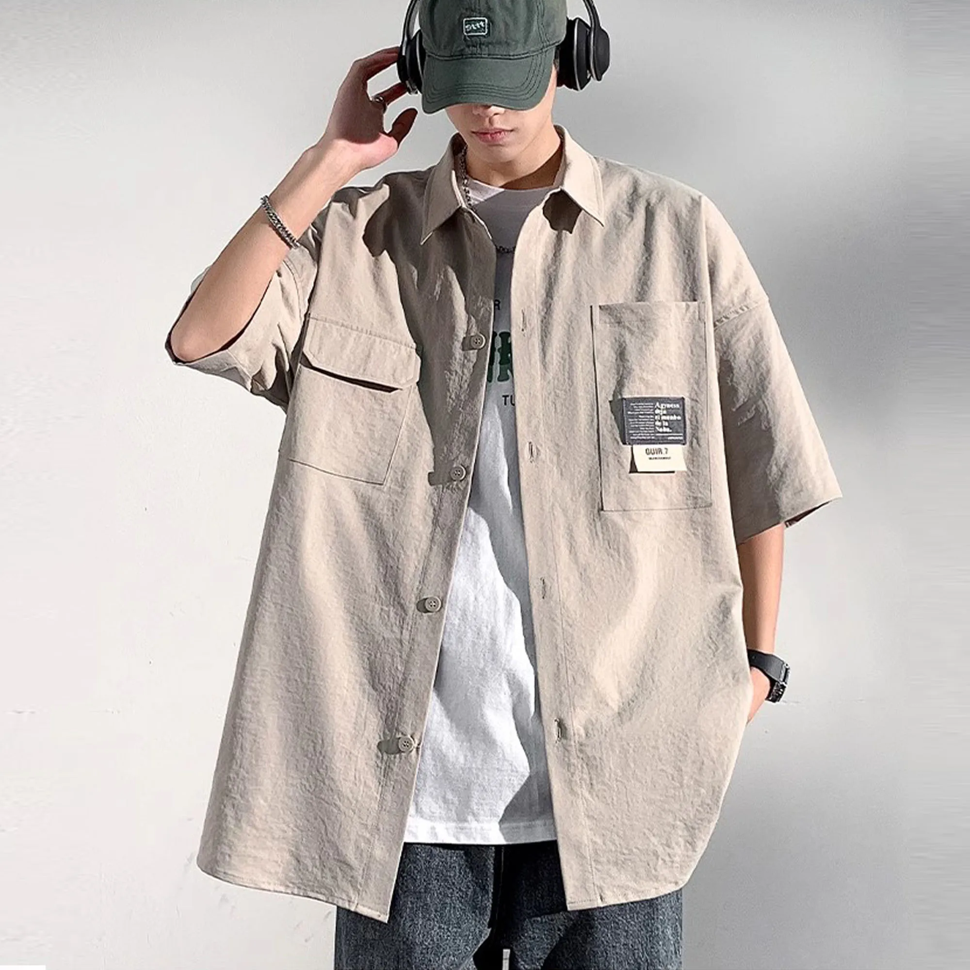 Summer Men\'s 5XL Oversized Short Sleeve Shirts Japanese Casual Lapel Blouses Tops High Street Multi-pocket Shirt Men Camisas