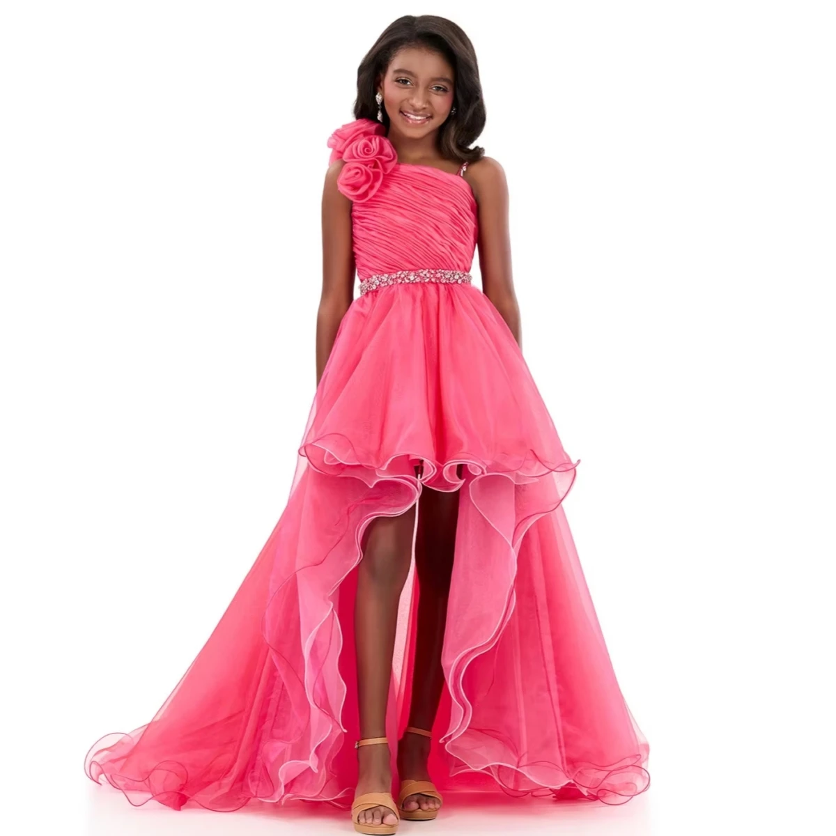 One Shoulder 3D Floral Pageant Dress Rhinestone Ruched Layered Ruffle High Low Train Flower Girl Dress For Wedding Runway Talent