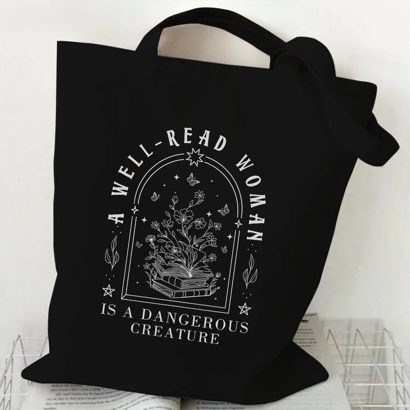 Vintage Flower and Book Print Women's Handbags “A Well-Read Woman Is A Dangerous Creature” Feminist Book Lover Canvas Tote Bag