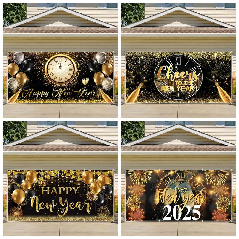 

2025 Happy New Year Garage Door Decor Banner Clock Countdown Firework Champagne Gold Black Garage Door for Outdoor Courtyard