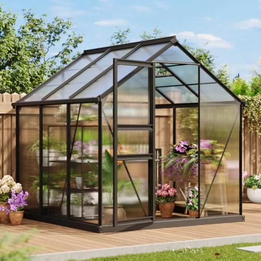 

6x6 FT Outdoor Walk-in GreenhouseAll-Season Polycarbonate Garden Greenhouse with Reinforced Aluminum Frame Roof Vent Lockable D