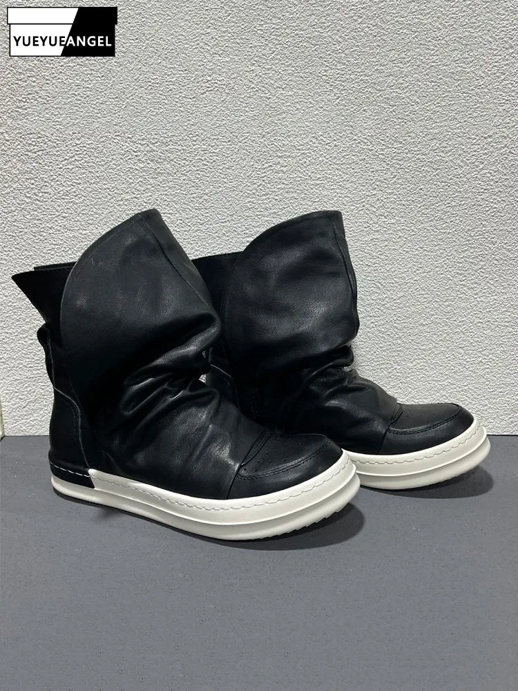 Hip Hop Mens Genuine Leather Boots Slip On High Street Casual High Top Shoes Round Toe Designer Platform Short Botos Size 38-47
