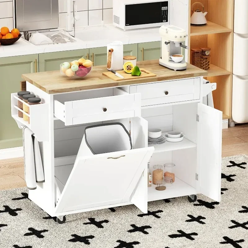 Rolling Kitchen Island with Drop Leaf - Kitchen Trash Cabinet Tilt Out 10 Gallon Storage, Storage Islands Movable Carts