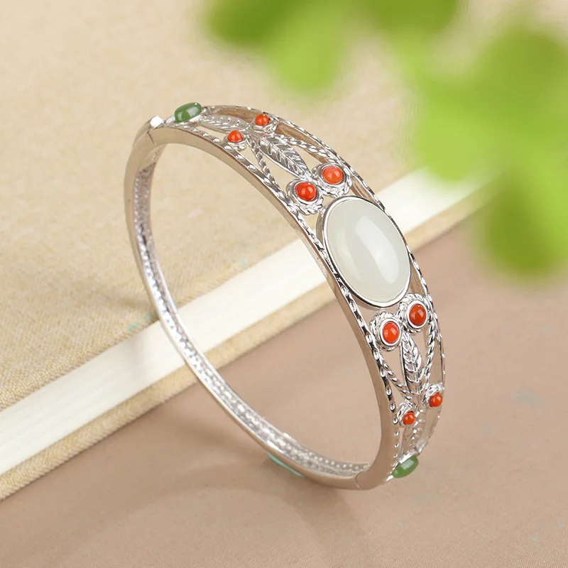 

S925 Sterling Inlaid Natural Hetian Jade Chrysanthemum Women'S Open Bracelet Silver