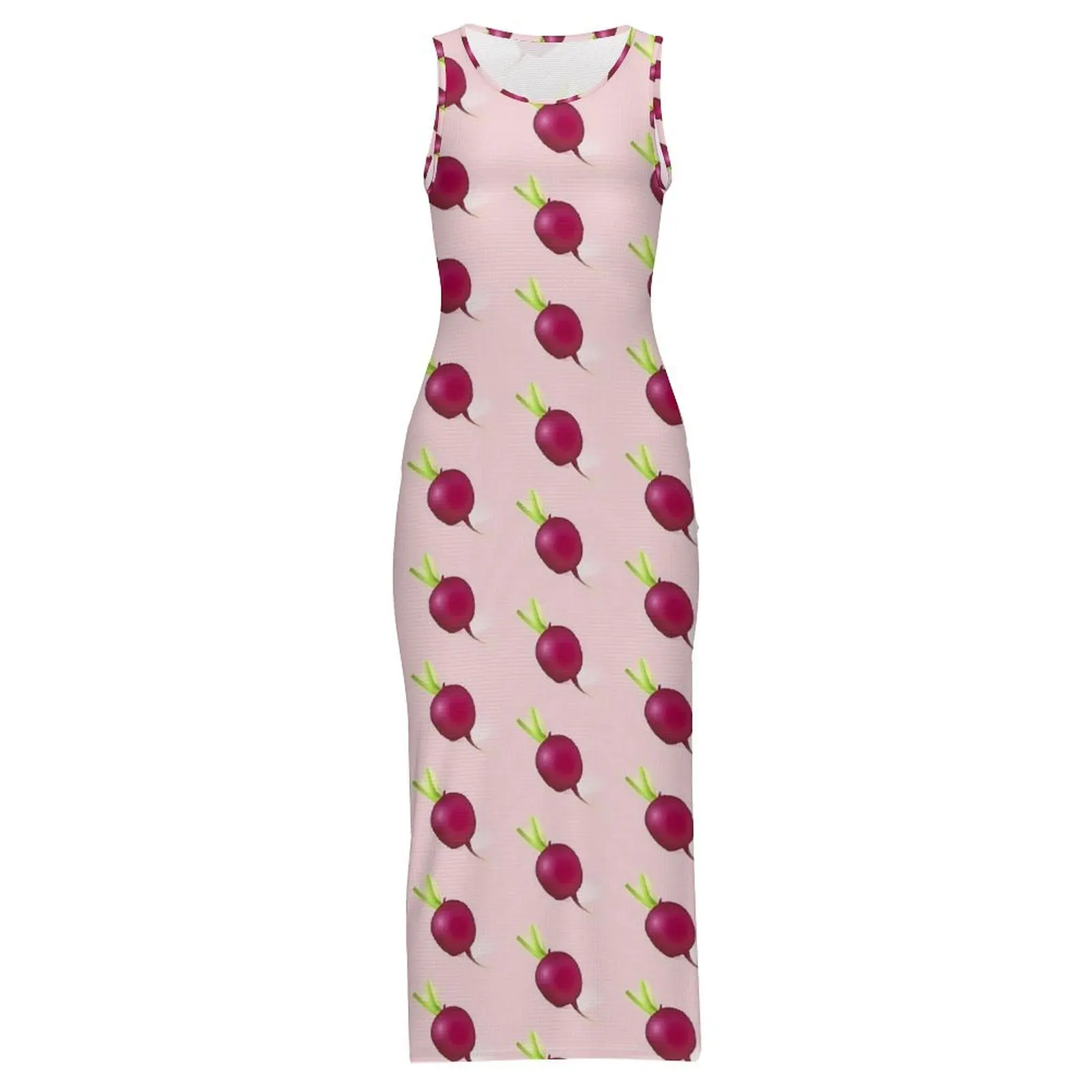 여성 붉은 무 드레스 야채 프린트 캐주얼 Y2k Bodycon 드레스 휴일 민소매 맥시 드레스 패턴 오버 사이즈 Vestidos