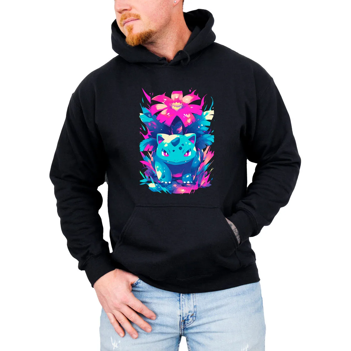 Unisex Pokemon Anime Glaceon Cotton Fleece Hoodie Black Color Blue Creature in Icy Crystal Cave Background Design Loose Fit