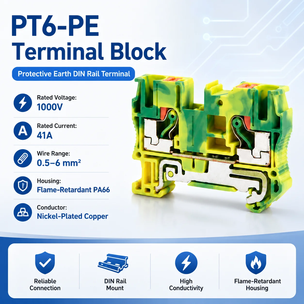 10PCS/LOT PT6-PE Spring Grounding Terminal Block, Tool-Free DIN Rail Earth Terminal, Quick Plug-in Copper Connector 6mm