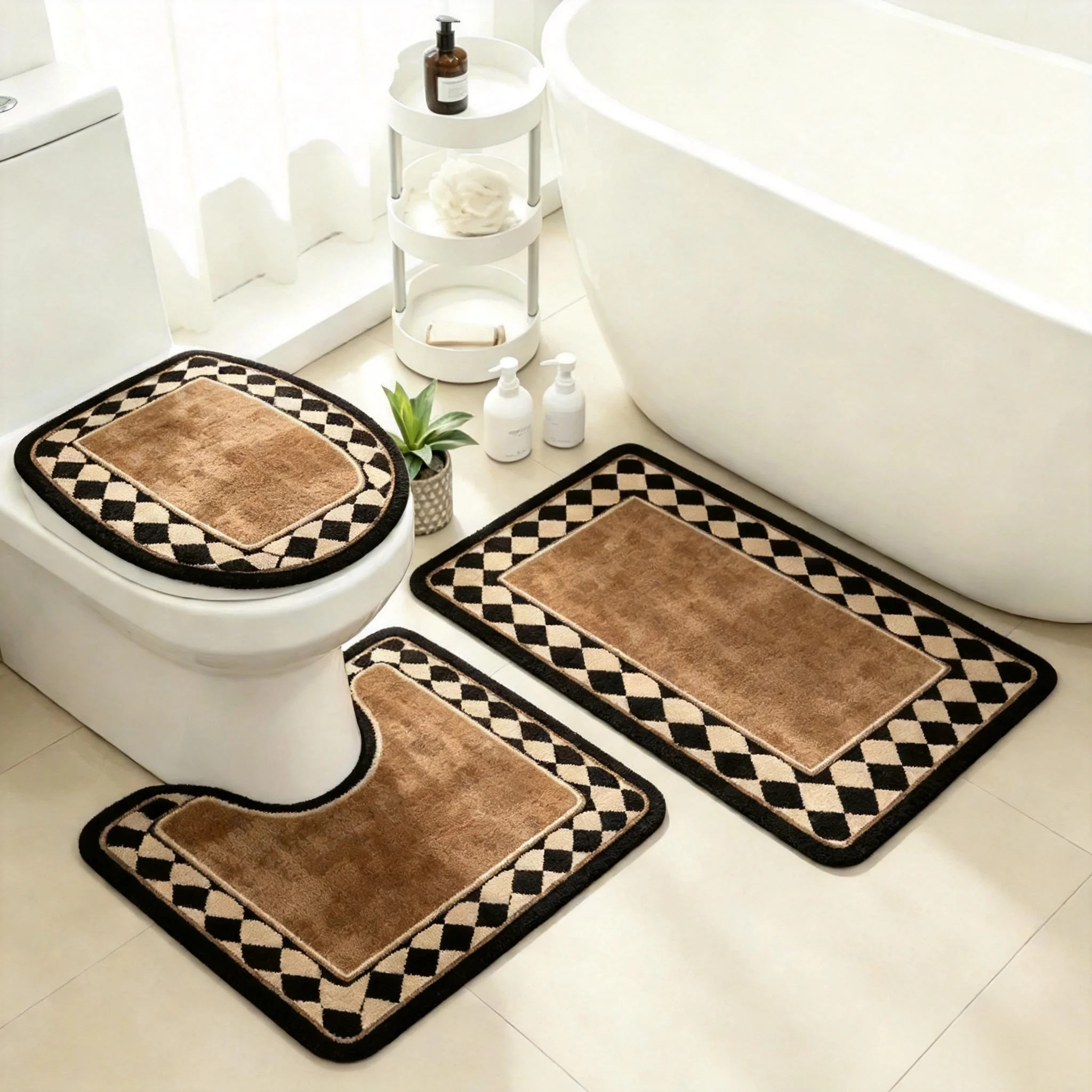 Retro Diamond Lattice Bathroom Mat Set, Non-Slip Water Absorbing Bath Rug, Toilet Seat Cover and U Contour Mat