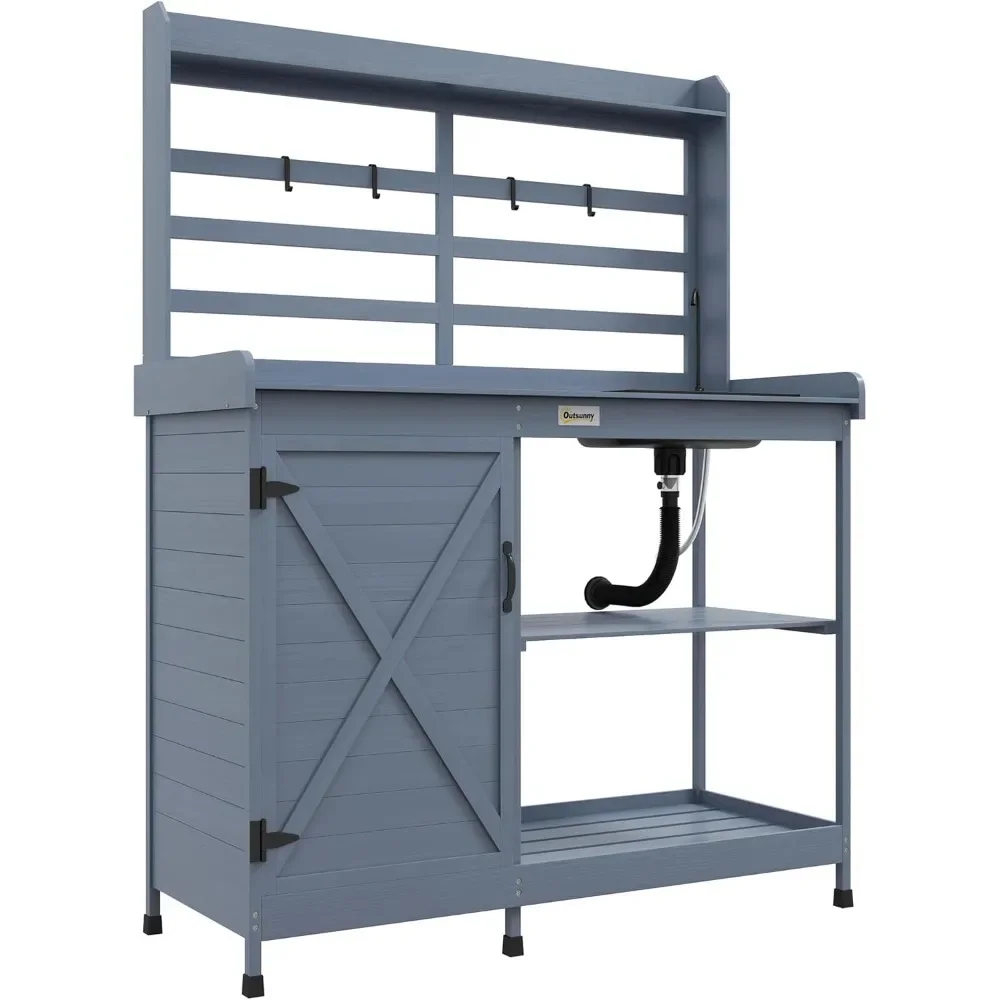 

Outdoor Wooden Potting Bench Table with Sink and Water Tap, Garden Workstation with Storage Cabinet, Storage Shelves