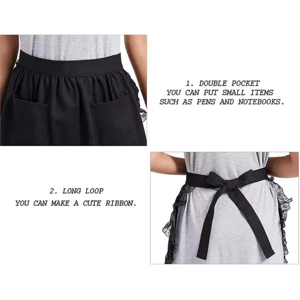 Sexy Vintage Cotton Lace Apron with Two Pockets Ruffled Decor Short Apron Lace Trim Comfortable Waist Lolita Pinafore for Women