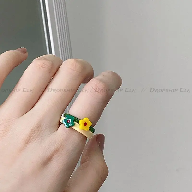 Colorful Enamel Heart Sweet Ring Trendy Geometric Dripping Oil for Women Girls Funny Y2K Chunky Jewelry Summer NEW