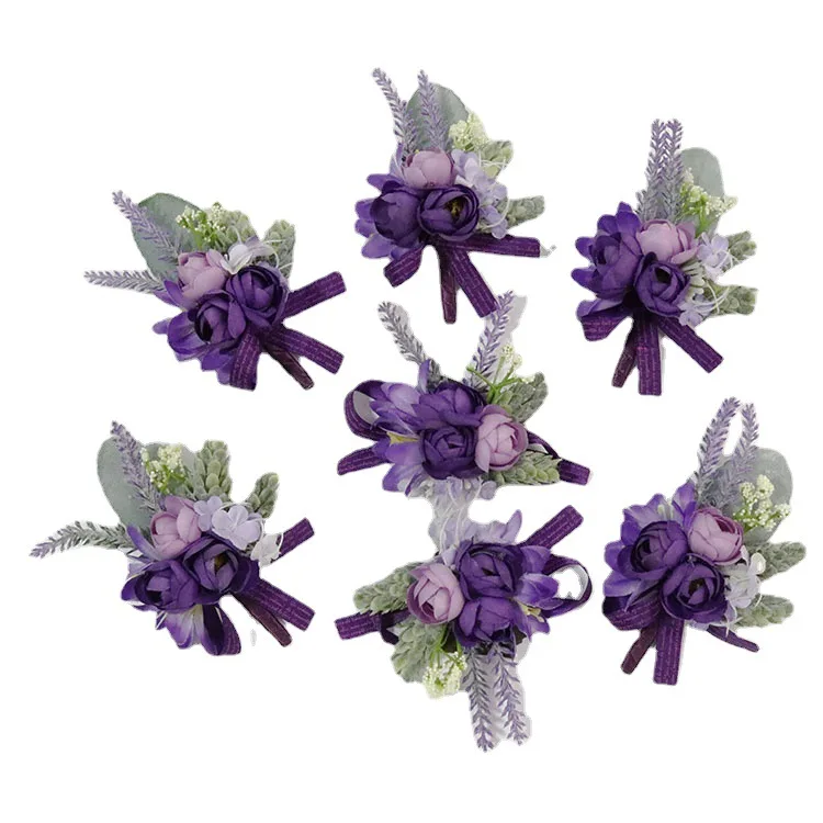 White Purple Men Wrist Corsage Wedding Boutonnieres Bride Wedding Wrist Corsage Bracelet Groom Ceremony Flower Party Decor