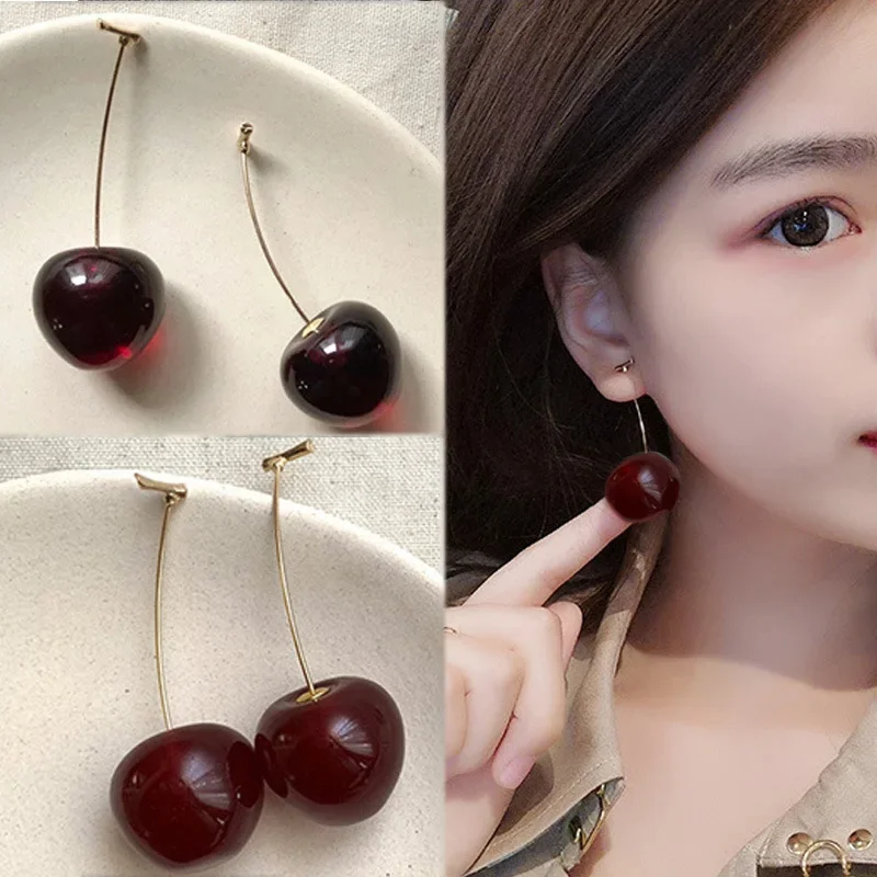 Korean Cute Cherry Fruit Shaped Drop Earrings for Women Sweet Temperament Girls Unusual Earrings Party Jewelry Gifts