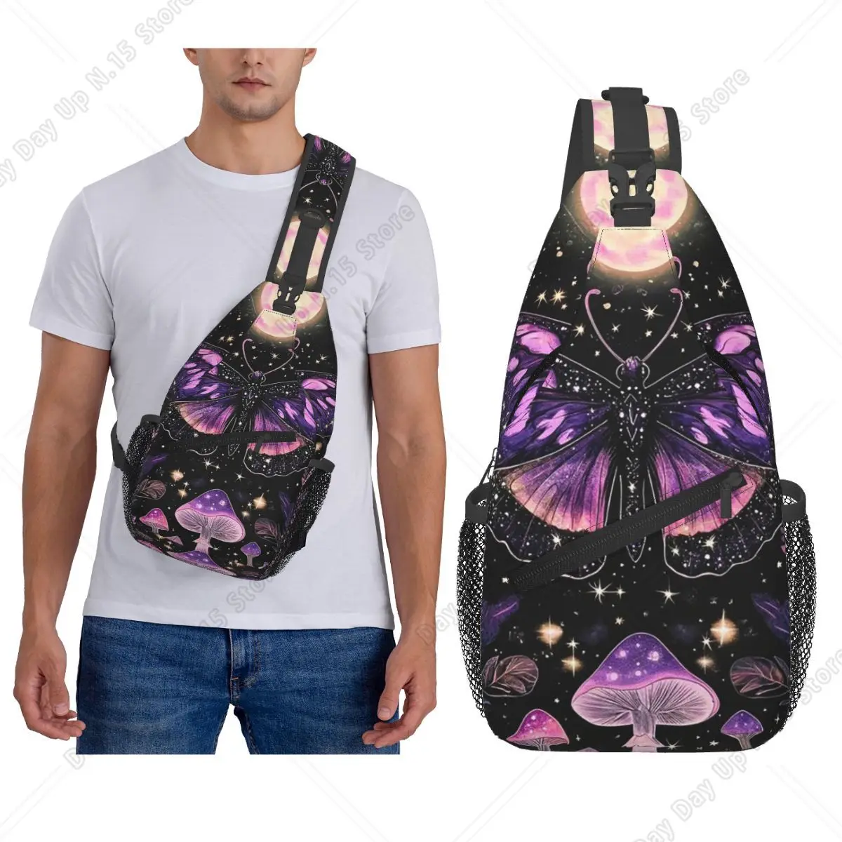 Moth Witchy Sun Moon Hippie Mushroom Gothic Witch Chest Bag Men Sling Crossbody Backpack Chest Bag Hiking Daypack Shoulder Bag