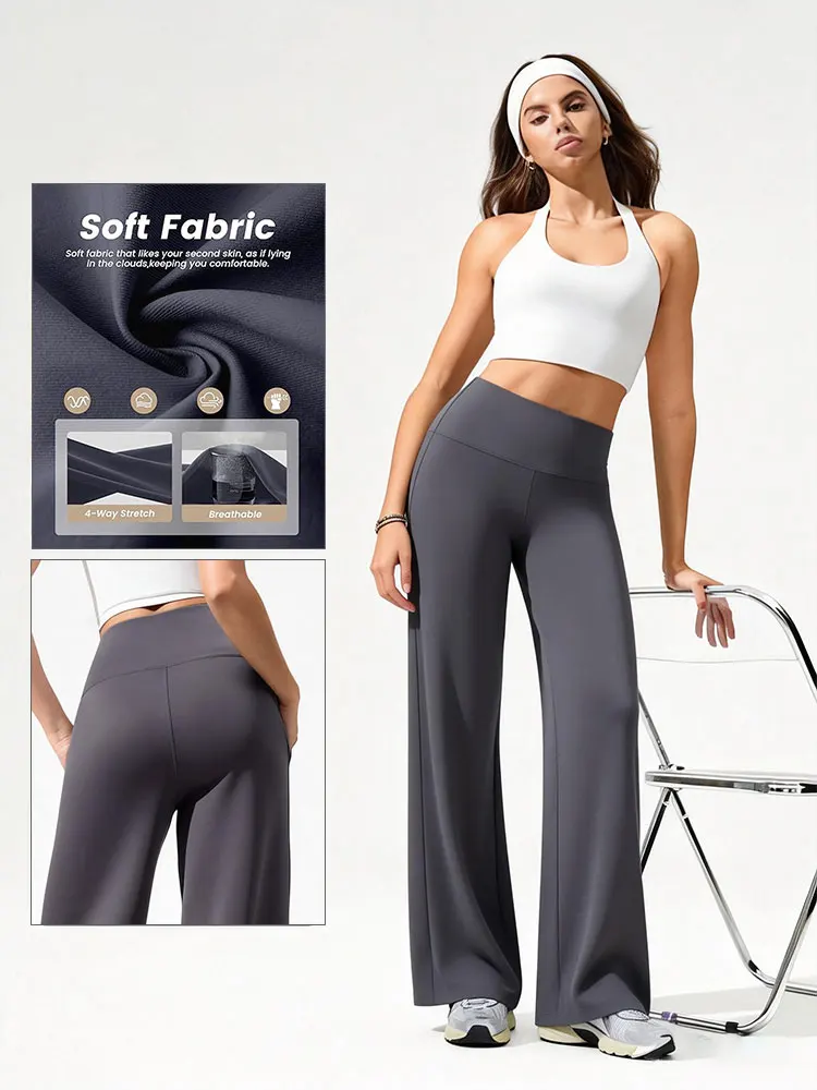 Women's High Waist Gray Sports Straight Leg Pants Ultra Soft Butter Fabric Yoga Wide Leg Trouser For Gym Pilates Running Outfits
