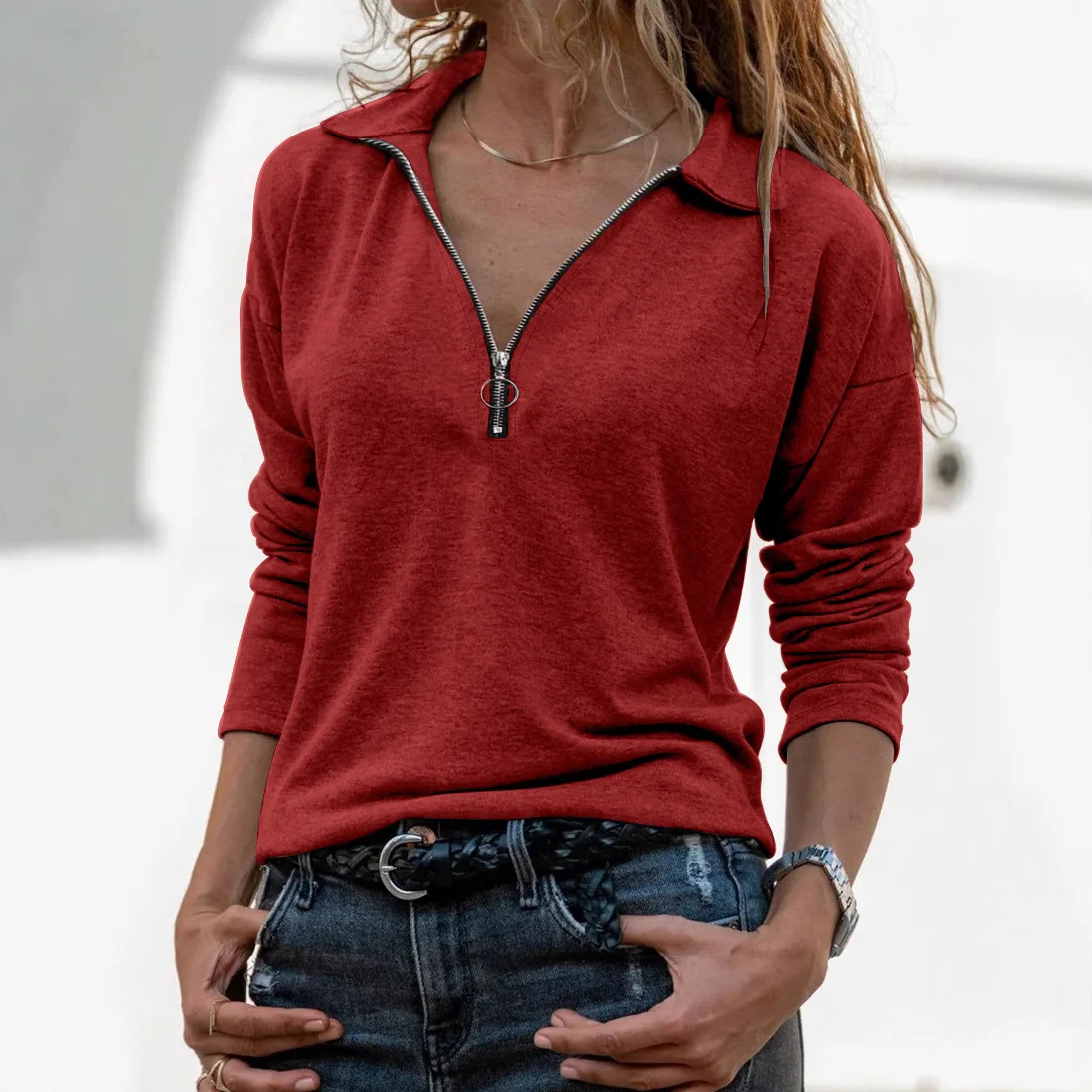Women's Casual Fashion Long Sleeve Polo Shirts V-Neck Lapel Casual Pullover Tops For Women Zipper Tops Blouses 2025 Lady Clothes