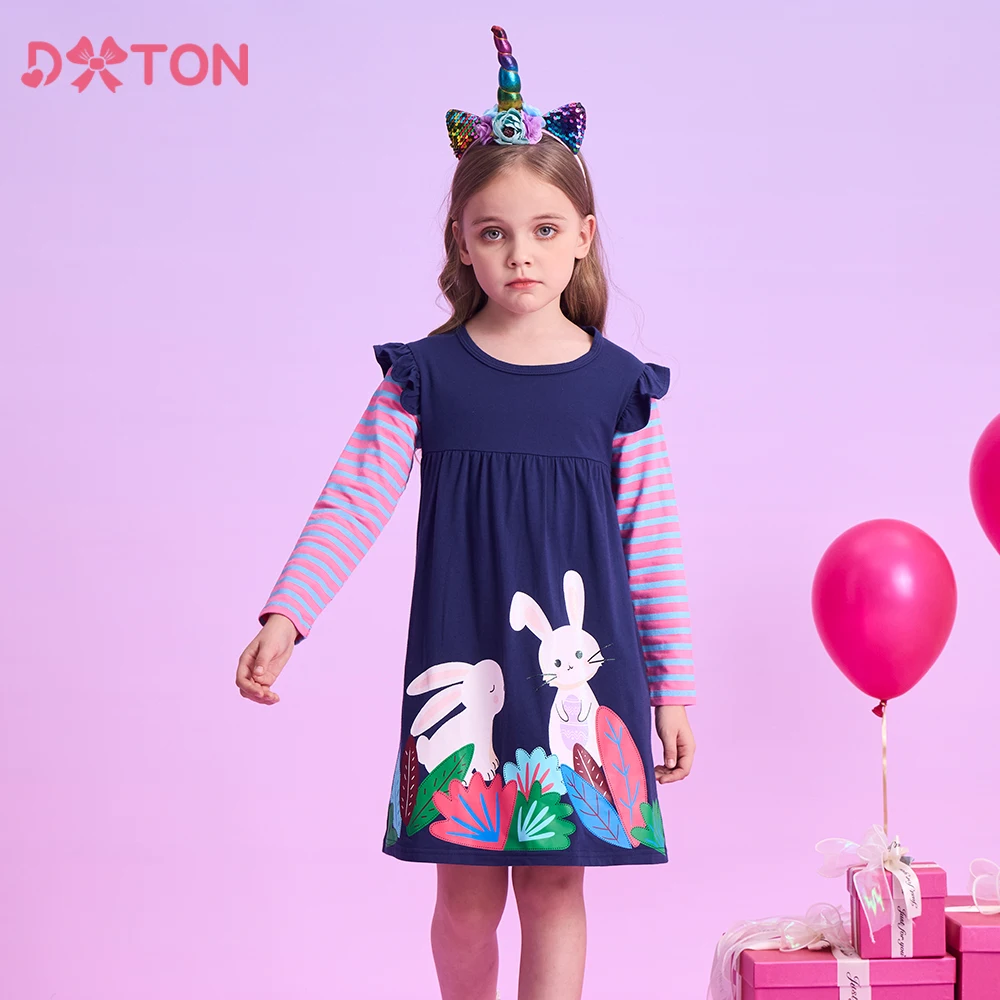 

DXTON Winter Toddlers Dresses For Girls Long Sleeve Children Striped Clothing Kids Casual Dresses Rabbit Cartoon Girls Dresses