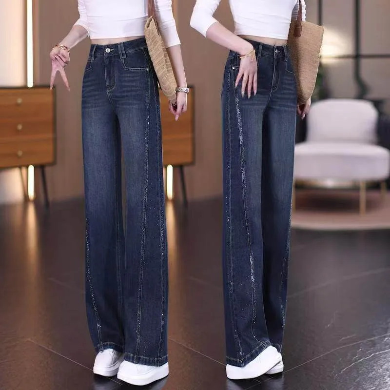 High Waist Straight Leg Jeans with Medium Stretch Style Washed Dyed Button Closure Regular Thickness Full Length Women Jeans