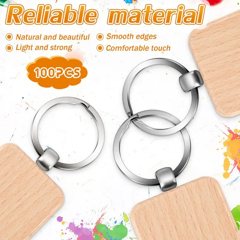 AT19-100Pcs DIY Blank Wooden Key Chain Square Carved Key Ring Wooden Key Ring About 40 X 40 Mm