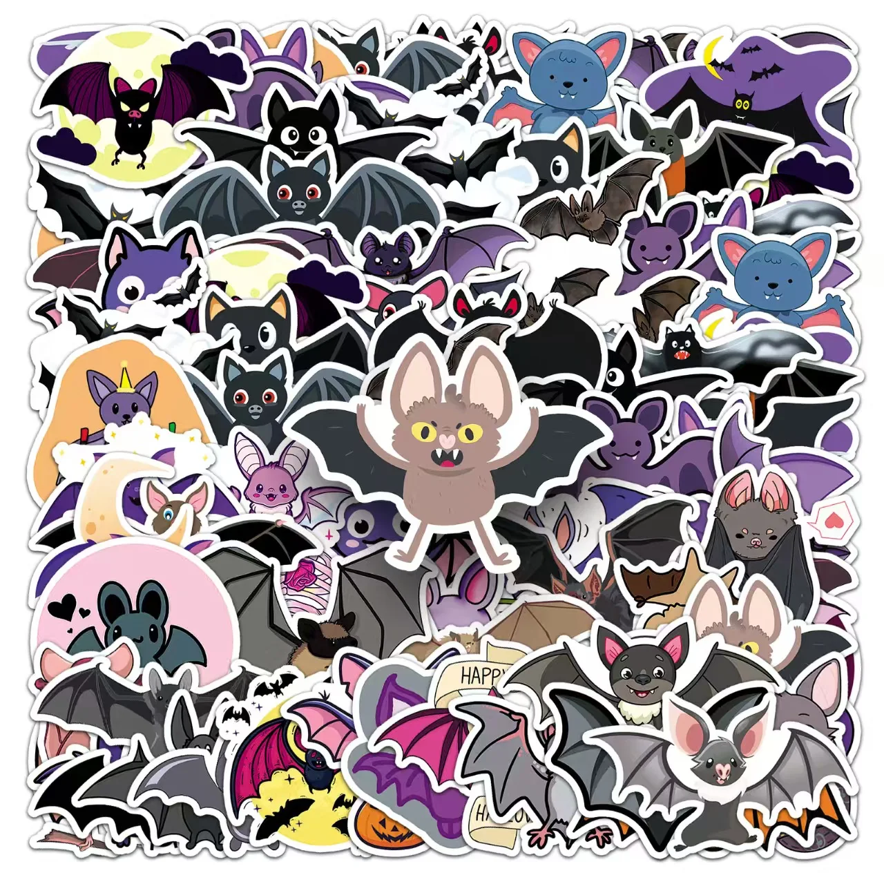 50PCS Halloween Purple Bat Stickers Streetwear Laptop Happy Halloween Elements Harajuku Wall Bar Fashion Living Room Sticker