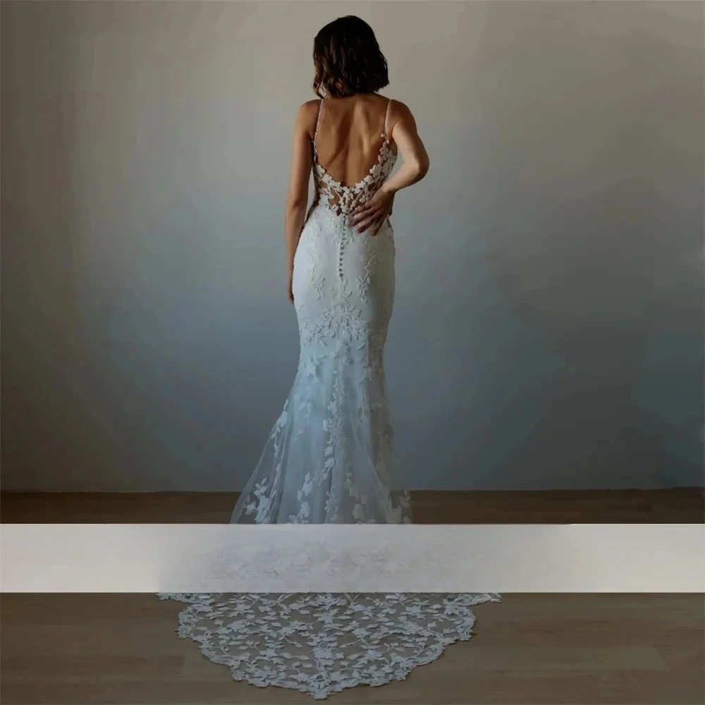 بوهو الخامس الرقبة حورية البحر فستان الزفاف مثير السباغيتي الأشرطة عارية الذراعين الدانتيل طول الأرض فستان زفاف الشاطئ Vestidos De Novia
