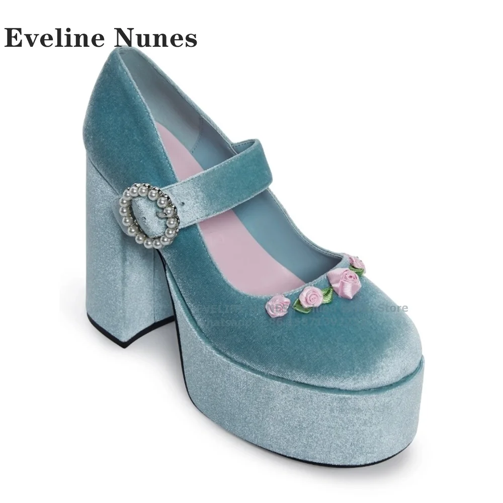 Rose Blue Satin Pearl Buckle Mary Jane Shoes Round Toe Block Heel Shallow Solid Sweet Women Dress Pumps Cosplay Elegant Shoes