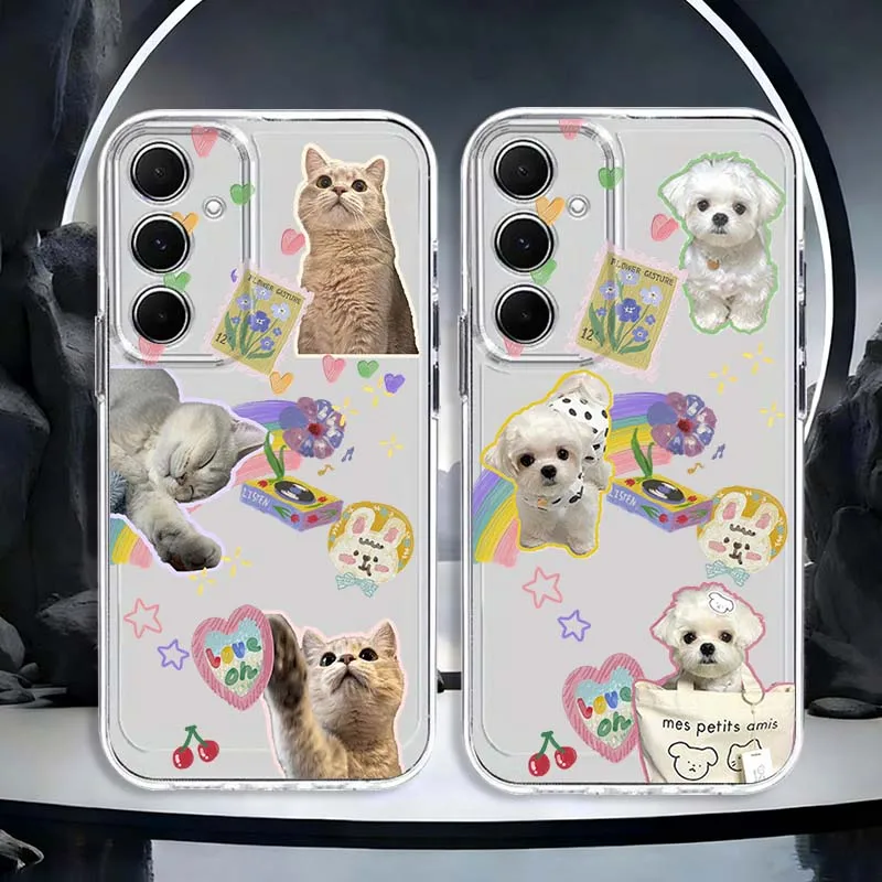 Cute Dog Cat Cartoon Fun Phone Case For Samsung Galaxy A73 A72 A71 A55 A54 A53 A52 A51 A33 A25 A22 A15 A14 A05 TPU Transparent