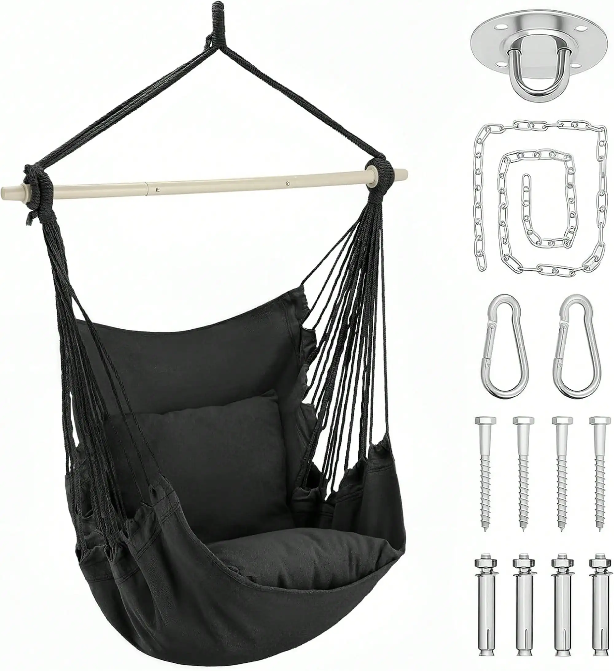 

Подвесное кресло-гамак с карманом, большое макраме-кресло для использования в помещении и на улице, 2 подушки в комплекте, веревка выдерживает нагрузку до 350 фунтов.