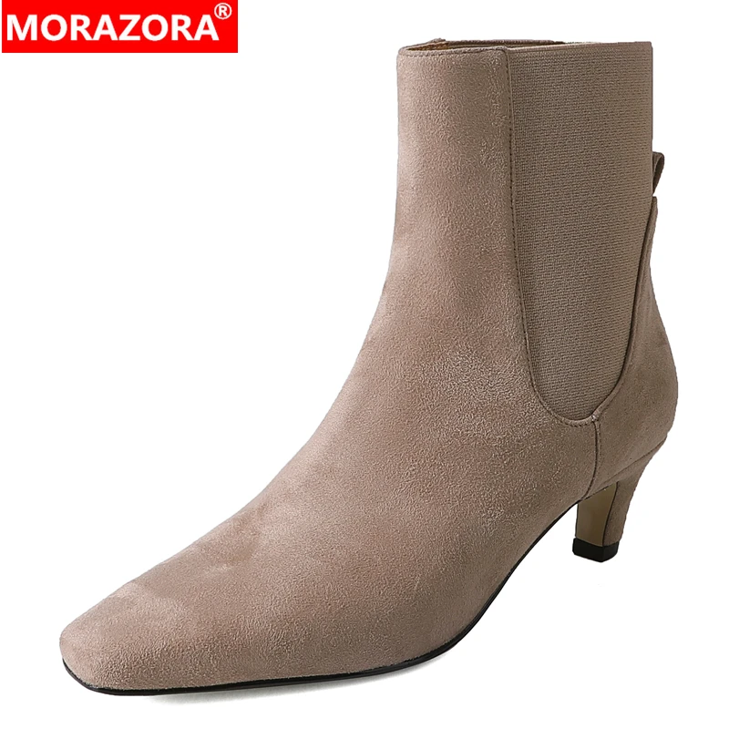 

MORAZORA/2026, новые детские замшевые ботинки челси на высоком каблуке, женские ботильоны с квадратным носком, осенние современные ботильоны