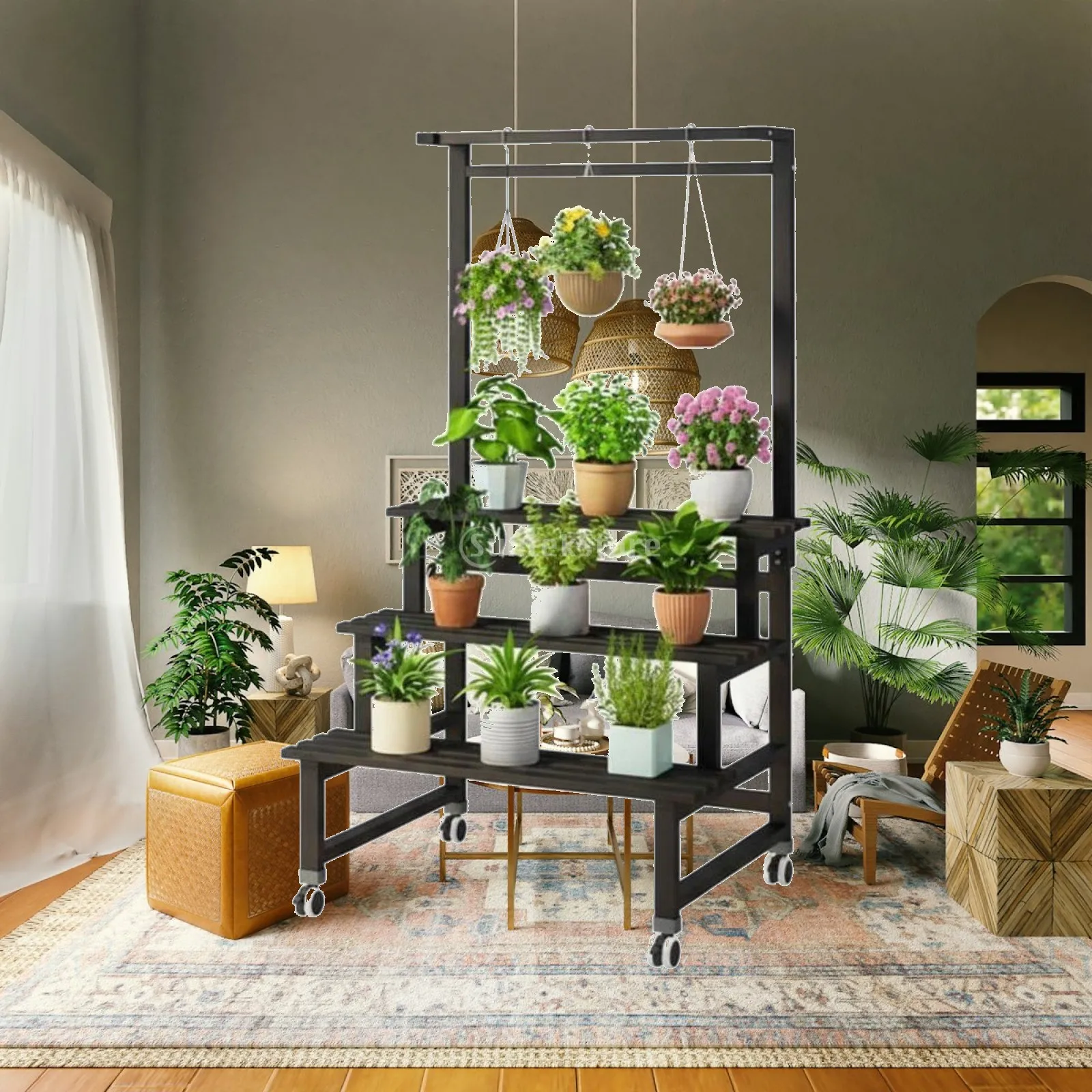 Wheeled Plant Rack Stepped Metal Organizer Display Shelf for Indoor Outdoor Flora Arrangement Balcony Use