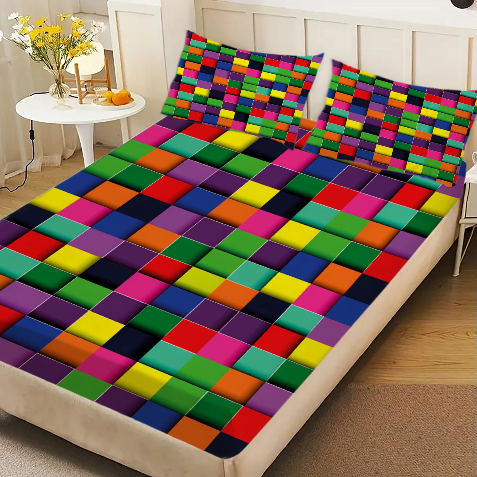 Colorful Checkerboard Fitted Sheet Set 3D Geometric Grid Bedding Set Soft Breathable For Bedroom Decor