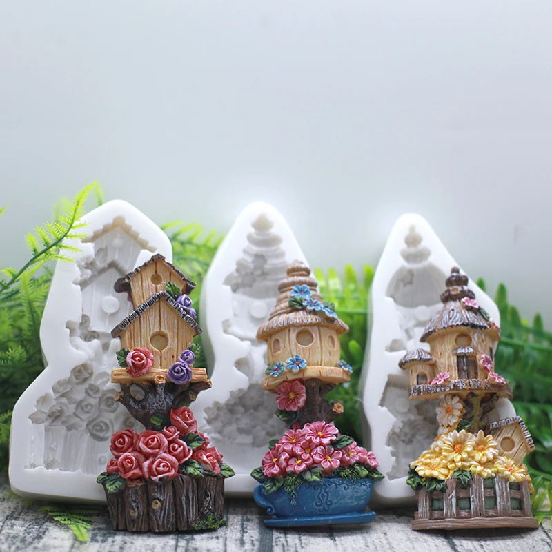 Elf Fairy Tale Gate Courtyard Wooden Flower Pot Bird House Shape Soft Sugar Silicone Mold Cake Decoration Chocolate Baking Resin