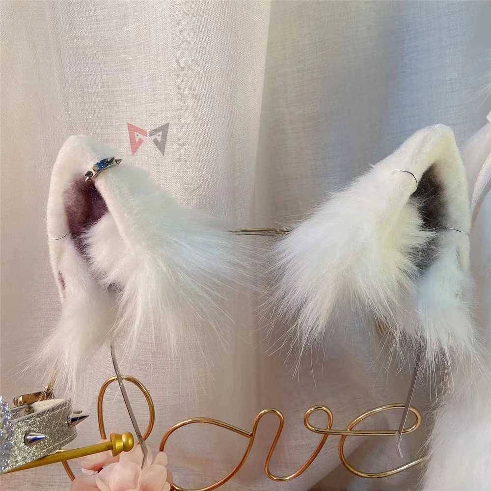 New Handmade Work White Wolf Ears Hairhoop Tail Necklace Earrings Cosplay Carnaval Gothic Lolita Acessories Hair Hoop Headwear