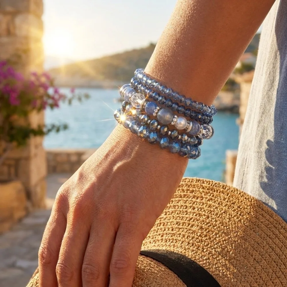 New Elastic Stretch Layered Bracelet Faceted Glass Bead Stackable Bracelet Chic Adjustable Multi-Strand Bracelet Year-Round Wear