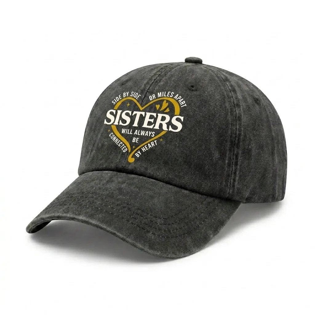 Sisters Bond Quote Graphic Vintage Washed Baseball Cap, Adjustable Unisex Dad Hat, Family Birthday Mother's Day Gift