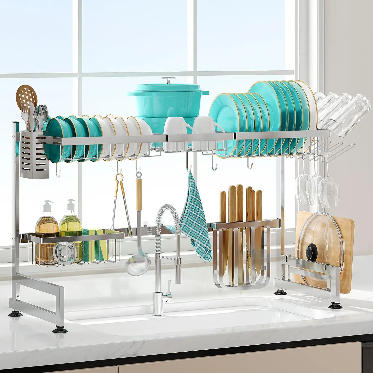 

Over Sink Dish Drainer Drying Rack, 2 Tier Stainless Steel Dish Rack Over Sink Sink Length Adjustable (33.5-40 In), Expa
