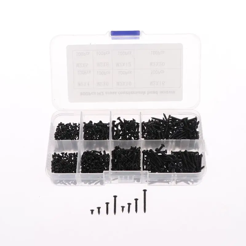 400/800PCS M2 Black Self Tapping Screws Assortment Kit Locking Screws And Wood Screws Boxed Hardware Accessories With Box