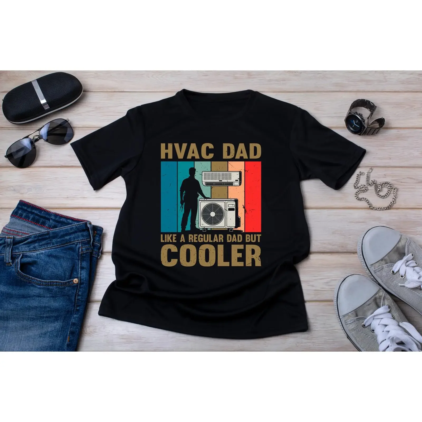 HVAC Dad T Shirt Vintage Sunset Air Conditioning Technician  vintage Washed streetwear Unisex Casual Soft Top For Everyday Wear