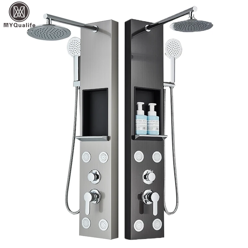 Pannello doccia nero con portaoggetti Set di rubinetti per doccia a pioggia SPA Massaggio per vasca da bagno Colonna per doccia Miscelatore a doppia maniglia Torre