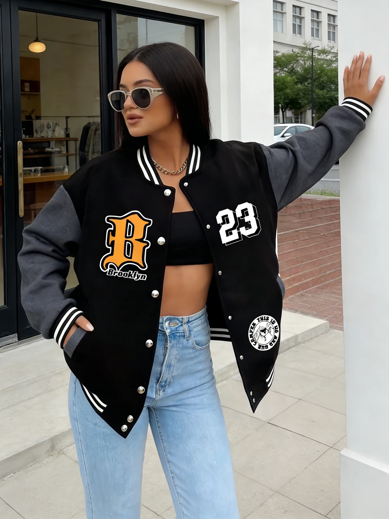 Women Oversize Baseball Jacket Brooklyn "B" 23 Number Print Casual Varsity Coat Fashion Streetwear Outerwear Trendy Loose Jacket